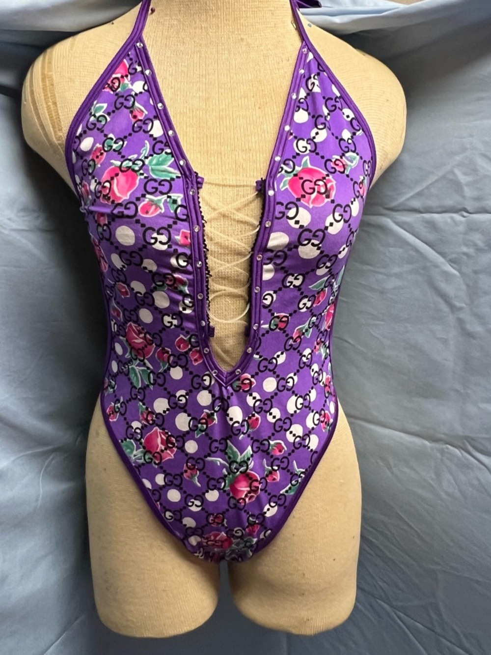 Purple Floral Logo One-Piece Halter Exotic Dance Wear